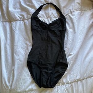size “petite” black halter ballet leotard by natalie dance wear.